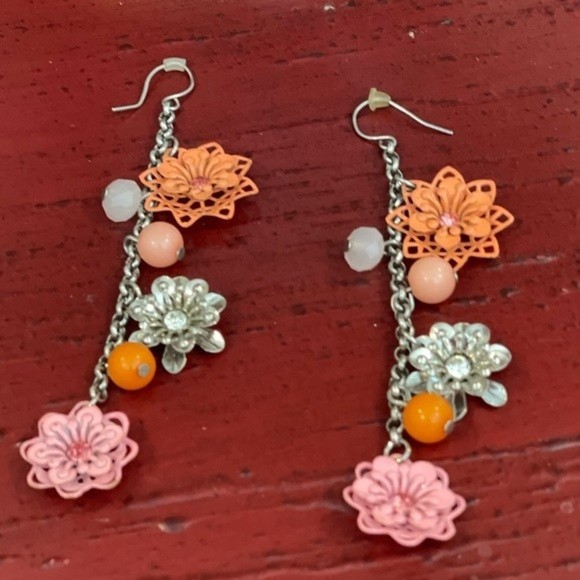 Fashion Jewelry Orange Pink Flower Silver Tone Dangle Earrings # 222 - Picture 1 of 5
